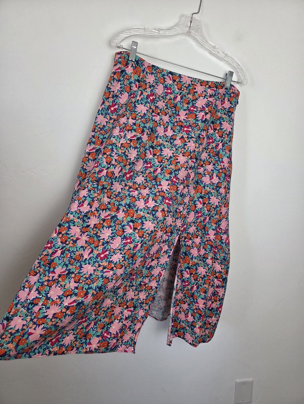 Loft Linen Blend Floral Midi Skirt W/ Slit Pink Bloom Summer Hippie Festival 10